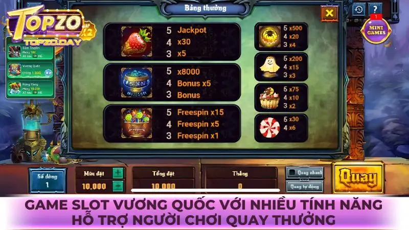 Slot Vương Quốc - Khám phá thế giới kẹo ma kỳ bí tại Topzo 4 Game Slot Vương Quốc với nhiều tính năng hỗ trợ người chơi quay thưởng