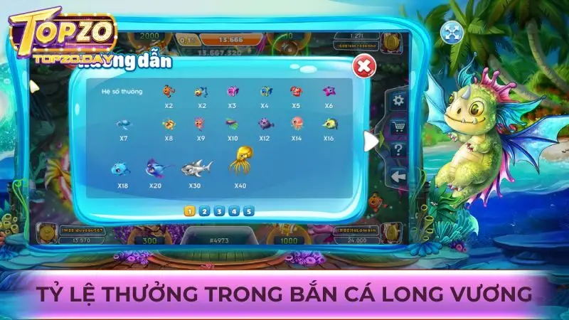 Bắn cá Long Vương - Thỏa sức thể hiện skill săn cá cực đỉnh 2 Hệ số thưởng của các sinh vật biển trong bắn cá Long Vương
